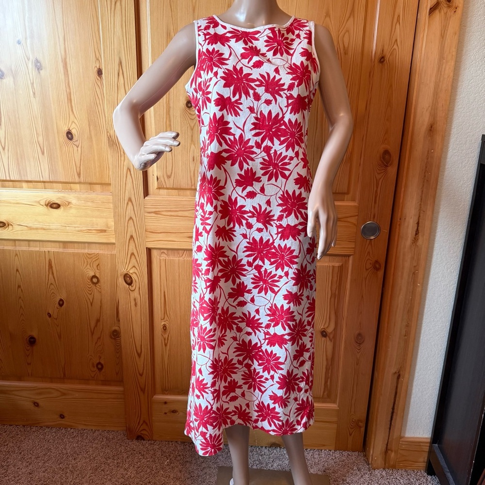 Bushwacker Dress Womens 6 Linen Blend Red White Sheath Floral Sleeveless